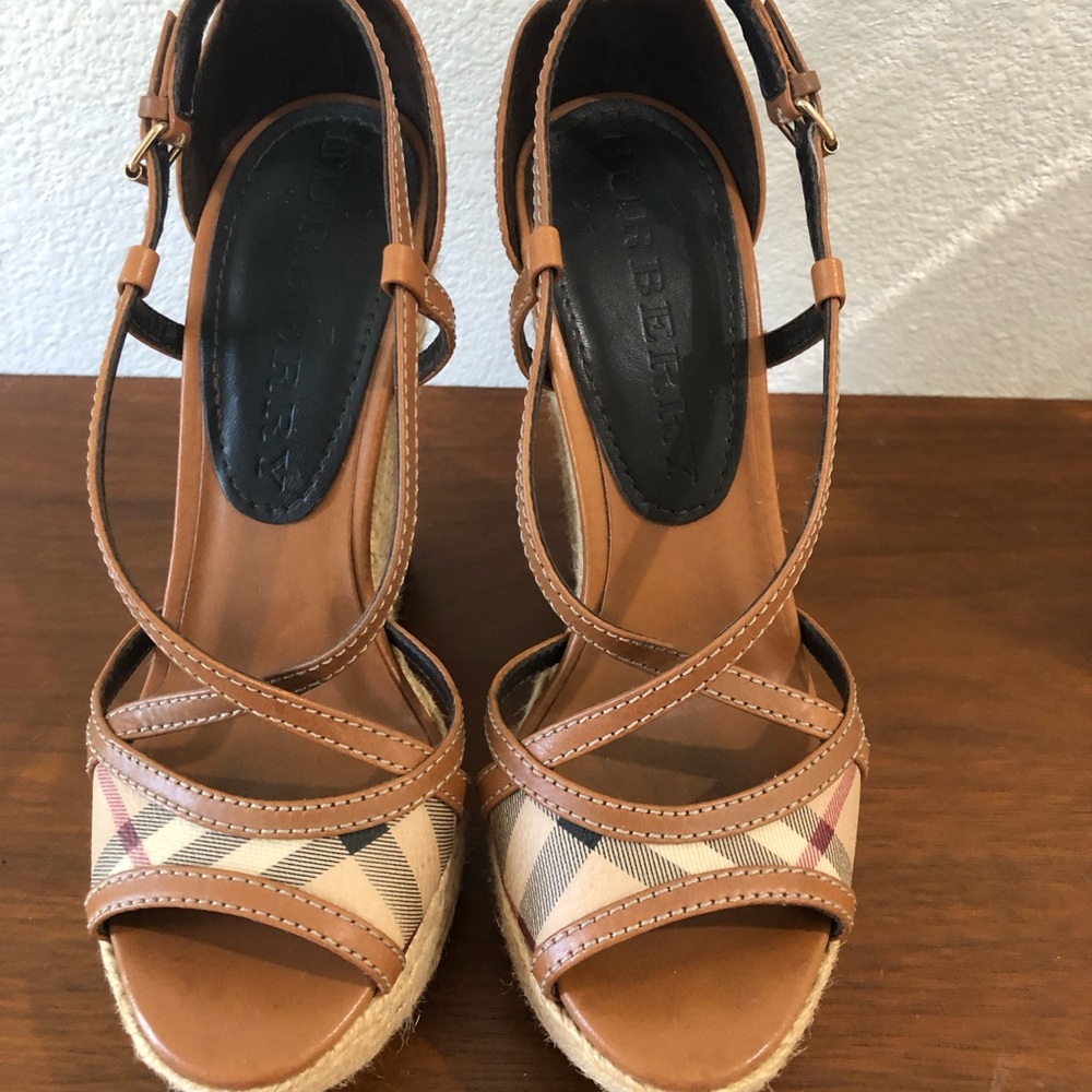 Burberry Tan Leather & Beige Plaid Wedge Sandals